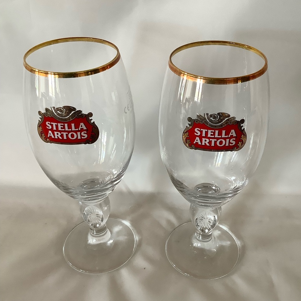 Phenomenal Pair Antique 14k Gold Overlay Stella Artois Beer Glasses
